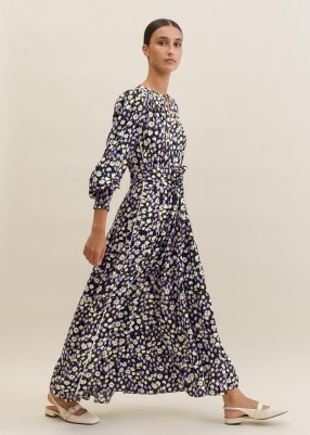 ME and EM Spring Garden Print Maxi Dress + Belt in Black/Lilac/Cream/Khaki / luxe long sleeve floral dresses