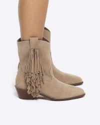 River Island STONE SUEDE FRINGE DETAIL WESTERN BOOTS ~ women’s fringed cowboy boot