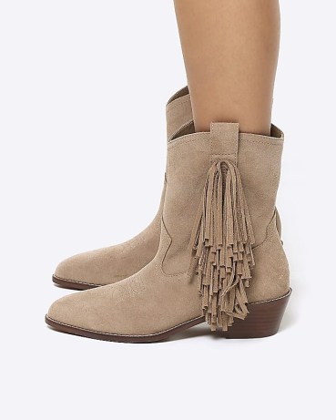 River Island STONE SUEDE FRINGE DETAIL WESTERN BOOTS ~ women’s fringed cowboy boot - flipped