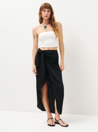 Reformation Taglio Maxi Skirt in Black ~ wrap skirts made with a lightweight drapey crepe fabric - flipped