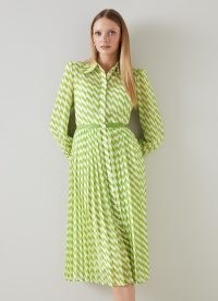 L.K. BENNETT Tallis Green And Cream Graphic Stripe Shirt Dress ~ long sleeve collared retro inspired dresses ~ luxury vintage style clothing