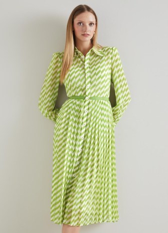 L.K. BENNETT Tallis Green And Cream Graphic Stripe Shirt Dress ~ long sleeve collared retro inspired dresses ~ luxury vintage style clothing - flipped