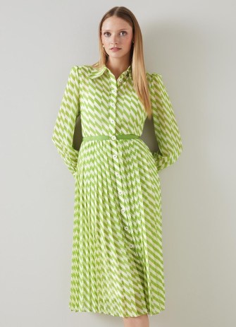 L.K. BENNETT Tallis Green And Cream Graphic Stripe Shirt Dress ~ long sleeve collared retro inspired dresses ~ luxury vintage style clothing