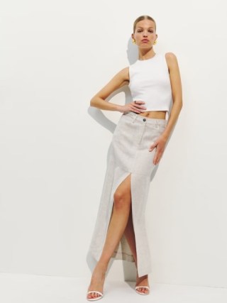 Reformation Tazz Maxi Linen Skirt in Oatmeal ~ long length front split skirts - flipped