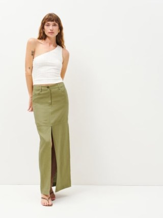 Reformation Tazz Maxi Linen Skirt in Olive Oil ~ green long length split front skirts - flipped
