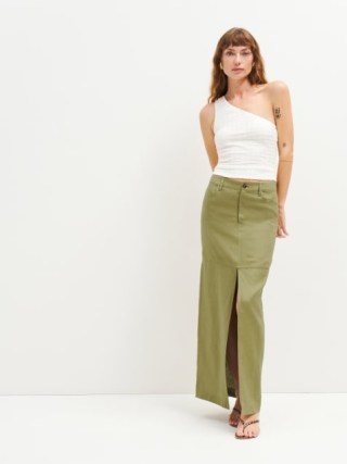 Reformation Tazz Maxi Linen Skirt in Olive Oil ~ green long length split front skirts
