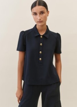 me and em Textured Ponte Short Sleeve Swing Top in Navy – chic collared puff shoulder tops - flipped