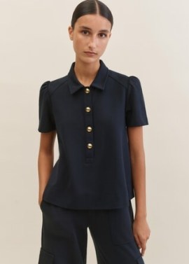 me and em Textured Ponte Short Sleeve Swing Top in Navy – chic collared puff shoulder tops