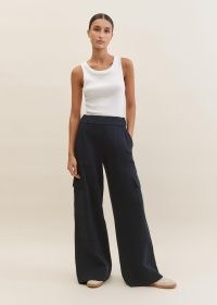 me and em Textured Ponte Wide-Leg Cargo Trouser in Navy – women’s chic pocket detail trousers