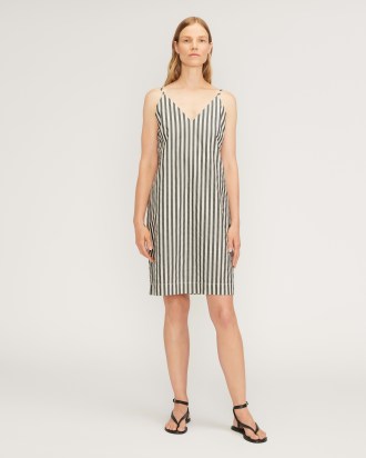 EVERLANE The Poplin Slip Dress in Bone / Black – striped cotton cami strap dresses