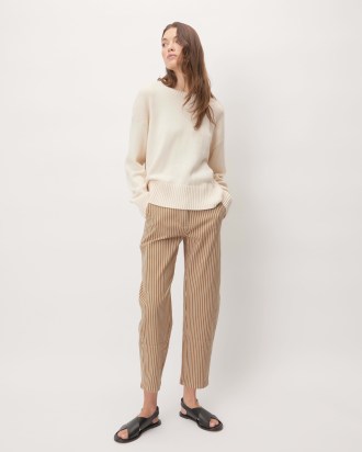 EVERLANE The Utility Barrel Pant in Toasted Coconut / Bone – women’s brown striped cropped trousers – womens organic cotton high rise crop hem trouser - flipped