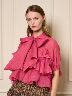 sister jane Raspberry Ruffle Top in Hot Pink ~ oversized tiered tops ~ statement bow blouses ~ romantic party blouse ~ feminine ruffled occasion fashion - flipped