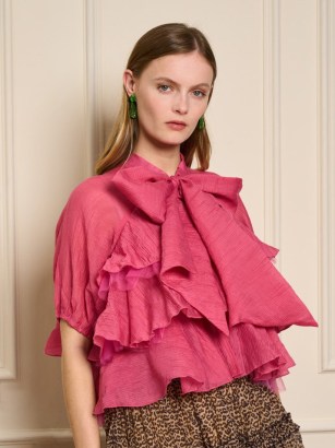 sister jane Raspberry Ruffle Top in Hot Pink ~ oversized tiered tops ~ statement bow blouses ~ romantic party blouse ~ feminine ruffled occasion fashion