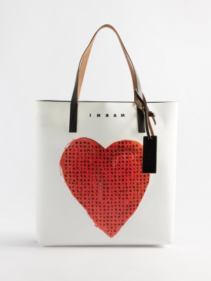MARNI Heart-print faux leather tote bag – monochrome colour block shopper – white and black shoppers – top handle bags with printed hearts - flipped
