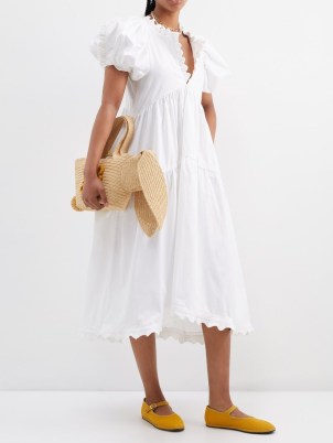 KIKA VARGAS Leana ruffled tiered cotton-blend midi dress in white | puff sleeve ruffle trim dresses - flipped