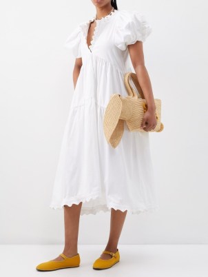 KIKA VARGAS Leana ruffled tiered cotton-blend midi dress in white | puff sleeve ruffle trim dresses