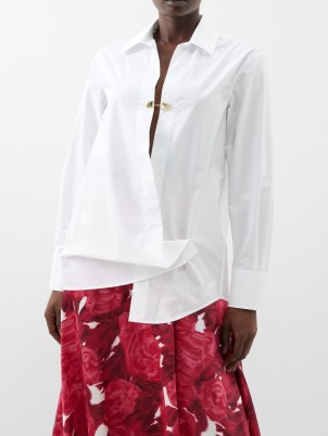 VALENTINO GARAVANI Rockstud asymmetric-front cotton-poplin shirt ~ women’s chic white contemporary shirts ~ modern asymmetrical clothing