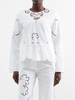 RENATA BRENHA Sacramento guipure-lace upcycled-cotton blouse in white ~ floral cut out scalloped hem blouses ~ feminine cutout detail popover tops - flipped