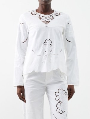 RENATA BRENHA Sacramento guipure-lace upcycled-cotton blouse in white ~ floral cut out scalloped hem blouses ~ feminine cutout detail popover tops