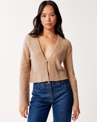 Abercrombie & Fitch One-Button Cardigan in Light Brown ~ neutral long sleeve V-neck cardigans - flipped