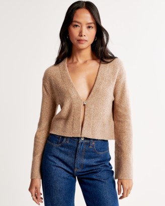Abercrombie & Fitch One-Button Cardigan in Light Brown ~ neutral long sleeve V-neck cardigans