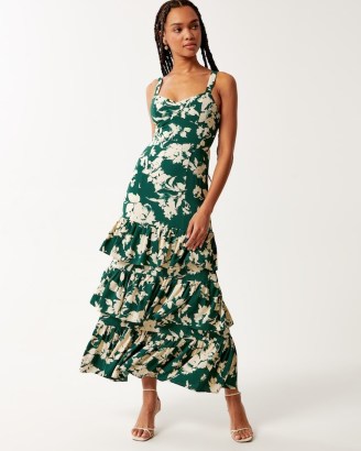 Abercrombie & Fitch Ruffle Tiered Maxi Dress in Green Pattern ~ sleeveless ruffled floral print dresses - flipped