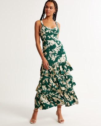 Abercrombie & Fitch Ruffle Tiered Maxi Dress in Green Pattern ~ sleeveless ruffled floral print dresses