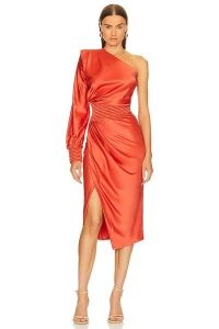 Zhivago I Got You Dress Flame ~ red-orange one shoulder / sleeve party dresses ~ glamorous ruched occasion fashion ~ asymmetric evening clothes