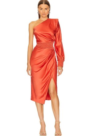 Zhivago I Got You Dress Flame ~ red-orange one shoulder / sleeve party dresses ~ glamorous ruched occasion fashion ~ asymmetric evening clothes - flipped