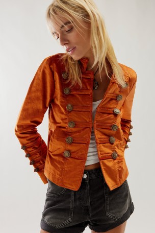 Free People Velvet Military Jacket in Apricot Jam ~ women’s orange jackets ~ womens on-trend fashion ~ plush soft feel outerwear ~ vintage style clothing - flipped