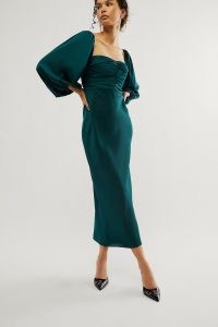Shona Joy Luxe Ruched Bodice Long Sleeve Dress in Emerald ~ chic green balloon sleeve pencil dresses ~ elegant occasion fashion ~ square neckline evening clothes ~ women’s sustainable recycle fabric event clothing