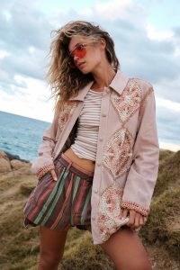 We The Free Corina Crochet Suede Jacket in Rose – light pink boho jackets – women’s bohemian outerwear