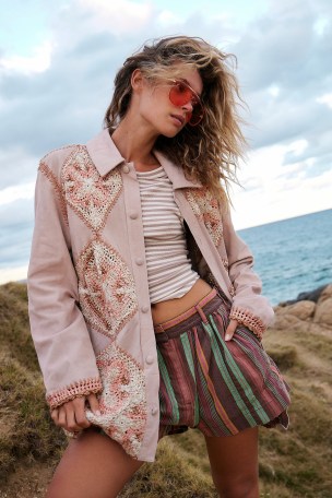 We The Free Corina Crochet Suede Jacket in Rose – light pink boho jackets – women’s bohemian outerwear - flipped