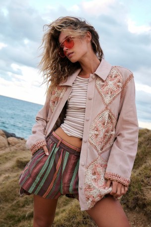 We The Free Corina Crochet Suede Jacket in Rose – light pink boho jackets – women’s bohemian outerwear