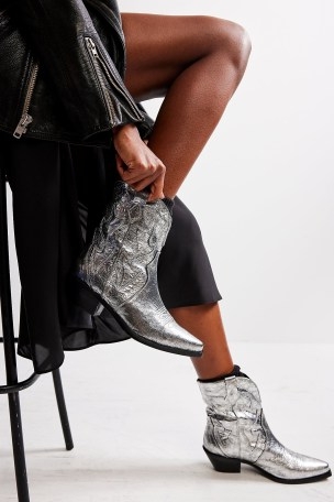 FP Collection Way Out West Cowboy Boots in Silver – women’s metallic western footwear