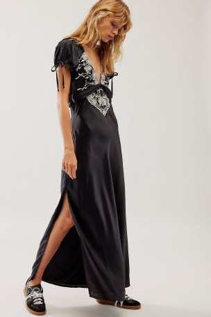 Free People Cooper Maxi Dress in Black – silky short sleeve bias cut dresses – feminine boho clothing – back keyhole cut out detail – puff sleeves – floral embroidered details – vintage style bohemian clothing - flipped
