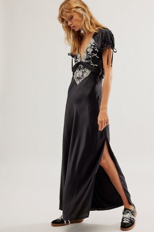 Free People Cooper Maxi Dress in Black – silky short sleeve bias cut dresses – feminine boho clothing – back keyhole cut out detail – puff sleeves – floral embroidered details – vintage style bohemian clothing