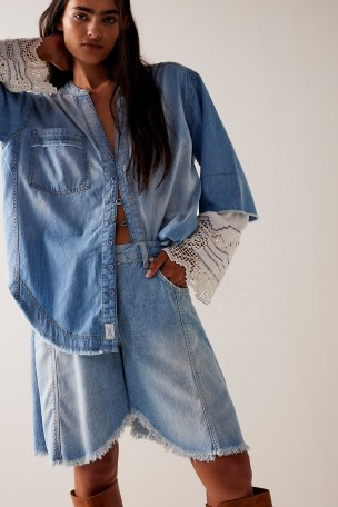 We The Free Lace And Denim Top in Vintage Fade Wash | women’s faded blue oversized shirts | relaxed fit button front curved hem tops - flipped