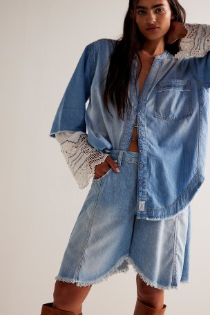 We The Free Lace And Denim Top in Vintage Fade Wash | women’s faded blue oversized shirts | relaxed fit button front curved hem tops
