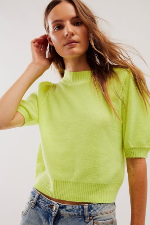 FREE PEOPLE Staycation Cashmere Pullover in Acic Green – short puff sleeve jumpers – women’s relaxed puffed sleeved pullovers – luxe style sweater - flipped