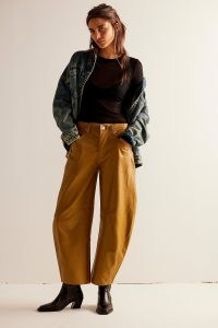 We The Free Lucky You Mid-Rise Vegan Barrel Jeans in Tiger Eye – women’s faux leather trousers – womens tapered leg pants