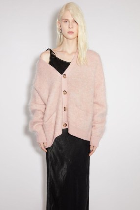 Acne Studios WOOL MOHAIR CARDIGAN in Faded pink ~ women’s slouchy relaxed fit cardigans ~ oversized soft and fluffy knitwear ~ womens luxury gunge style fashion - flipped