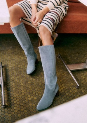 Sezane ADÈLE BOOTS in Denim ~ women’s powder blue leather knee high boot - flipped