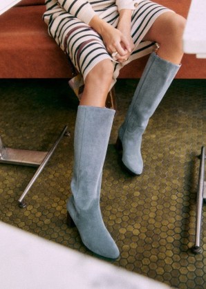 Sezane ADÈLE BOOTS in Denim ~ women’s powder blue leather knee high boot