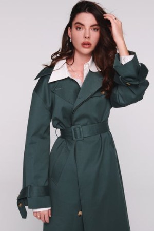 ALIGNE GILDA MAXI TRENCH COAT in Sage | women’s green belted longline autumn coats - flipped