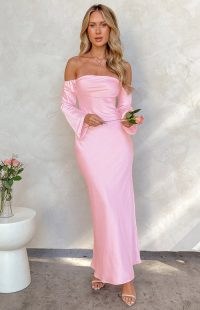 Beginning Boutique Alita Baby Pink Off The Shoulder Long Sleeve Maxi Formal Dress ~ satin bardot neckline occasion dresses