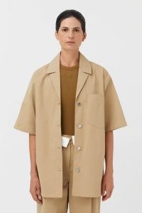 CAMILLA AND MARC Alphonse Recycled Short Sleeve Shirt in Safari Brown – women’s relaxed structured fit shirts