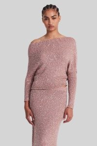 ALTUZARRA ASPROS SWEATER in Persian Rose – women’s luxe pink sequinned bardot sweaters – shimmering off ther shoulder jumper