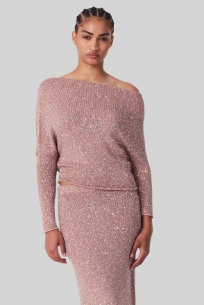 ALTUZARRA ASPROS SWEATER in Persian Rose – women’s luxe pink sequinned bardot sweaters – shimmering off ther shoulder jumper - flipped