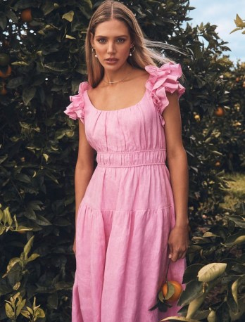 FOREVER NEW Athena Ruffle Midi Dress in Candy Floss ~ pink linen ruffled cap sleeve dresses ~ feminine prairie style fashion - flipped